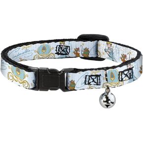 Cat Collar Breakaway with Bell Cinderella Pumpkin Coach and Mice Pose with Script Blues 8.5 to 12 Inches 0.5 Inch Wide