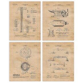 Vintage Builder Hand Trade Tools Patent Prints, 4 (8x10) Unframed Photos, Wall Art Decor Gifts for Home Office Cabin Lodge Garage Shop College Student Teacher Craftspeople Mechanic Building Champs Fan