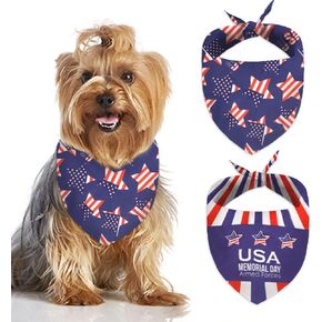 2 Pcs Patriotic Dog Bandanas, Memorial Day Bandanas for Dogs, American Flag Triangle Pet Scarves Bibs for Cats, Red White and Blue Stripes Multi-Purpose Scarf for Small Medium Large Dog Cat