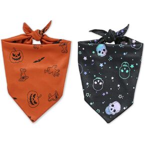 DaysU Halloween Dog Bandanas 2 Pack، مثلث قابل للعكس، قبعة ساحرة على شكل خفاش، جمجمة للحيوانات الأليفة، وشاح منديل للرقبة لفتاة صبي، عصابات الخريف للجراء الصغيرة، الكلاب المتوسطة والكبيرة، كبيرة