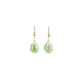 Green Pressed Flower Earrings for Women Waterdrop Dangle Golden Resin Dried Flowers Drop Earrings