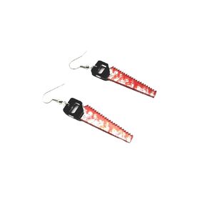 Bloody Handsaw Earrings | Silver Sawtooth Saw Jewelry | Spooky Theme | Dangle Drop Style | Mock Blood Unique Charms | Gift for Horror Lover