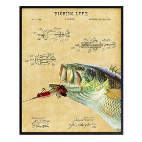Fishing Patent Print - Fish Wall Art Poster - Rustic Vintage Home Decor for Beach or Lake House, Man Cave, Living Room, Office - Gift for Bass Fishermen, Anglers - 8x10 Photo Unframed