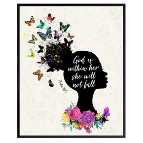 God is Within Her She Will Not Fall Wall Decor - Christian Religious Gifts for Black Woman, African American Women, Girls - Inspirational Psalms Wall Art - Positive Quotes Poster - Scripture Wall Art