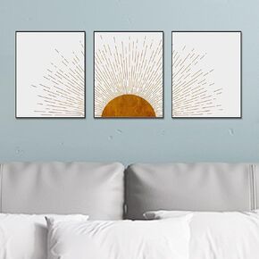 Sun Ray Art Prints Boho Bedroom Wall Decor Minimalist Decor Sun Prints Mid Century Modern Decor Living Room Prints Set of 3 Prints (11x14 inch Print with Framed)