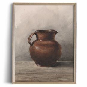 Farmhouse Still Life Picture Living Room - Rustic Vintage Decor for Bedroom - Brown Clay Jug Flower Muted Oil Painting Art Deco Wall Art for Kitchen - 11 x 14 Art Print - Antique French Poster