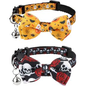 2pcs Halloween Cat Collar Breakaway, Adjustable Cat Collar with Bell Pumpkin Ghost Skeleton Roses Halloween Cat Collar Bow Tie Kitten Decoration Accessories (Gold, Black)