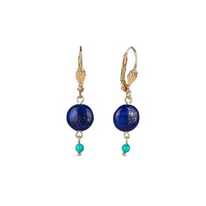 Blue Lapis Lazuli Leverback Earrings Petite Round Cabochon Natural Stone with Turquoise Bead Deco Dangle Earrings
