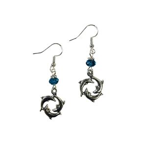 Circle of Dolphin Sealife Earrings with blue crystal accent beads, perfect for the beach and marine lover! On sterling silver earwires