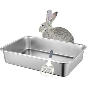 BNOSDM Stainless Steel Rabbit Litter Box Large Bunny Litter Pan Open Pet Litter Box Toilet with Non-Slip Foot Mats for Rabbits, Small Cats Kitten (16x12x4 Inches)