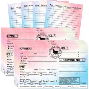 Cat Dog Pet Grooming Information Cards 8x5 inch Groomer Client Profile Service Record Clip Card Business Data Client Page Cards for Professional Pet Groomers, Kennel Care 50 Pack (Pink)