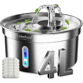 Veehoo Cat Water Fountain Stainless Steel 304-1.1Gal/4L Cat Fountain for Drinking with 6 Replacement Filters, Automatic Pet Water Fountain for Cats Indoor with Water Level Window