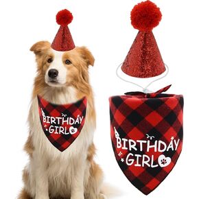 Dog Birthday Girl Bandana and Hat Set Birthday Girl Print Plaid Dogs Party Supplies Triangle Scarf Bibs for Small Medium Large Pets Red, 2 Piece Set
