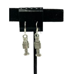 Silvertone Christmas Nutcracker Toy Soldier Charm Dangle Earrings