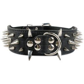 Sharp Spiked Studded Dog Collar 2 Inch Width Stylish Leather Dog Collars for Medium & Large Dogs Pitbull Labrador Boxer Rottweiler German Shepherd (L:19-22 inch, Black-1)