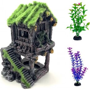 بيت السمك لديكورات حوض السمك، مخبأ الأسماك، منزل خزان الأسماك مع طحالب نابضة بالحياة، يأتي مع قطعتين من نباتات حوض السمك الاصطناعية مقاس 4 بوصات (المنزل 2) in Kuwait