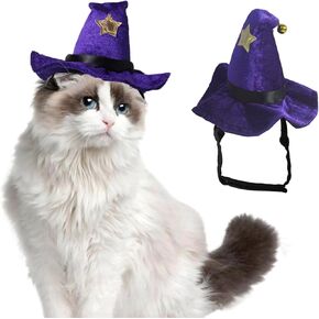 Helloween Pet Costume, Adjustable Cat Wizard Hat, Funny Cosplay clothes Cap for Kitten, Helloween Party Accessories Headdress with Bell for Puppy