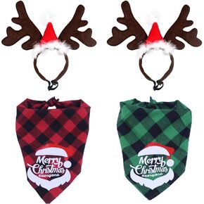 4 PCS Christmas Dog Bandanas,Dog Christmas Reindeer Antlers Headband ,Christmas Classic Buffalo Plaid Pets Scarf Triangle Bibs Kerchief Accessories for Small Large Dogs Pets Costume (C)