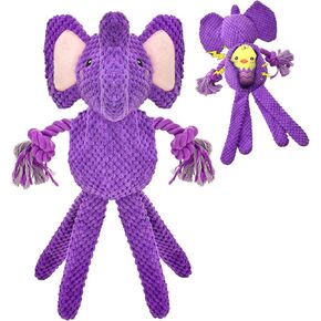 3D Elephant Shaped Dog Squeak Plush Toy with Crinkle Paper Purple Block Plush Chew Toy Tug of War Toy for Small Middle Large Dog（Purple Elephant）