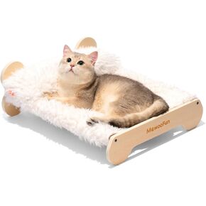 أسرة قطط لطيفة من MEWOOFUN للقطط الداخلية، سرير وأثاث مرتفع للقطط مقاس 20 × 17.7 بوصة، سرير أرجوحة خشبي للقطط مع وسادة، سرير قطط صغير رقيق قابل للغسل لكيتي، أبيض قطيفة