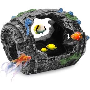 WishLotus Fish Tank Cave Decor, Resin Aquarium Broken Barrel Decorations with Multiple Hiding Caves Realistic Barrel Aquarium Cave Ornament for Betta Fish Playing Resting Shelter (Blcak)