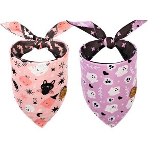 CROWNED BEAUTY Halloween Dog Bandanas Reversible Large 2 Pack, Pink Ghost Set, Adjustable Triangle Scarves for Medium Large Extra Large Dogs Girl Boy Pets DB78-L