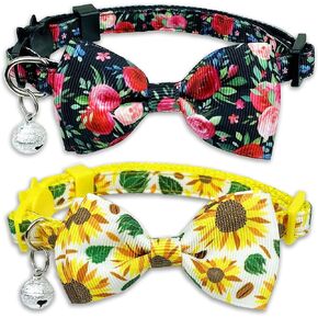 Pohshido 2 Pack Floral Cat Collar with Bow Tie and Bell, Summer Rose and Sunflower Collar for Kitty Kitten Boys and Girls Cats (Black Rose/Sunflower)