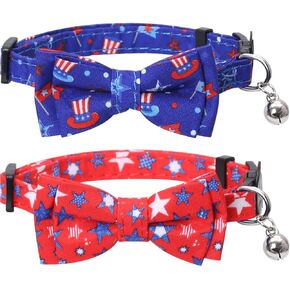2 Pack American Flag Cat Collar with Bell Bow Tie Breakaway Adjustable for 4th of July Independence Day