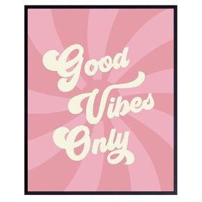 Yellowbird Art & Design Good Vibes Only Wall Art - Good Vibes Sign - Hippie Trippy Home Decor - Pink 60's Retro style Wall Art Poster - Happy Quotes Wall Decor - Hippie Wall Art - Aesthetics Wall Art