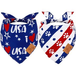 Patriotic Dog Bandanas Paw Print Dog Scarf 4th of July Blue Red White Stars Stripes Triangle Dog Bibs Pet Neckerchief for Independence Day Cat Costume Accessories, 2 Pack