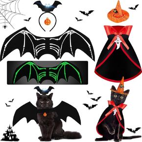 6 Pieces Halloween Pet Costumes Halloween Cat Bat Costume with Night Fluorescence Cat Vampire Cloak Pet Wizard Hat Dog Bat Headband Pumpkin Ghost Pendant for Dogs Cats Halloween Party Cosplay Party