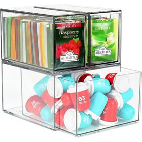 3 Acrylic Coffee Pod Holder Drawer, Stackable K Cup and Tea Bag Organizer, Tea Bag Storage Organizer for Kitchen Organizers and Storage, Multi-Functional Kitchen Organizer, Home Organizer (Clear)