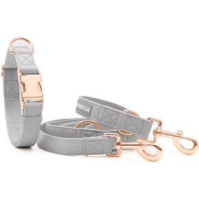 Stylish Leather Dog Leash (6.6') and Dog Collar Set – Rose Gold Metal Buckle – Multi-Function Training Leash – Adjustable 3 Lengths Leash- Easy to Clean