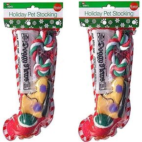 Christmas Stocking for Dogs. Pack of 2. Squeaky newspaper toy, squeaky boot toy, a red, green and white tennis ball and a red, white and green cotton knotted rope.