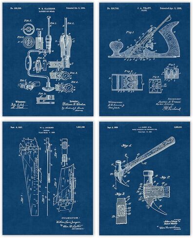 أدوات النجارة العتيقة، مطبوعات براءات الاختراع، 4 (8 × 10) صور غير مؤطرة، هدايا ديكور فني للحائط أقل من 20 عامًا للمنزل والمكتب والجراج ورشة عمل المدرسة والكلية والطالب والمعلم والبناء المصنوع يدويًا in Kuwait