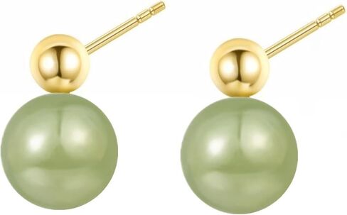 Natural Hetian Jade Earrings for Women, Dainty Gold Bead Green Jade Charm Pendant Jewelry Studs, Handmade Ear Stud Earrings Hoop Earrings for Mom Lover (925 Sterling Silver with Gold Plated) in Saudi Arabia