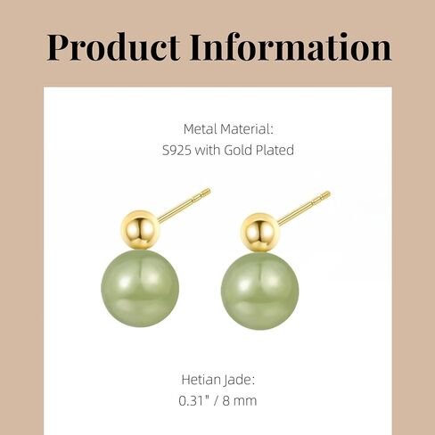 Natural Hetian Jade Earrings for Women, Dainty Gold Bead Green Jade Charm Pendant Jewelry Studs, Handmade Ear Stud Earrings Hoop Earrings for Mom Lover (925 Sterling Silver with Gold Plated) in Saudi Arabia