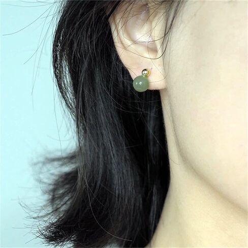 Natural Hetian Jade Earrings for Women, Dainty Gold Bead Green Jade Charm Pendant Jewelry Studs, Handmade Ear Stud Earrings Hoop Earrings for Mom Lover (925 Sterling Silver with Gold Plated) in Saudi Arabia