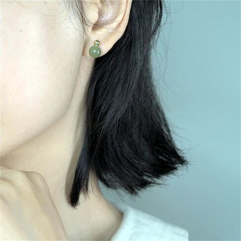 Natural Hetian Jade Earrings for Women, Dainty Gold Bead Green Jade Charm Pendant Jewelry Studs, Handmade Ear Stud Earrings Hoop Earrings for Mom Lover (925 Sterling Silver with Gold Plated) in Saudi Arabia