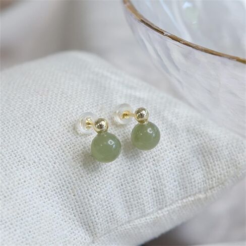Natural Hetian Jade Earrings for Women, Dainty Gold Bead Green Jade Charm Pendant Jewelry Studs, Handmade Ear Stud Earrings Hoop Earrings for Mom Lover (925 Sterling Silver with Gold Plated) in Saudi Arabia