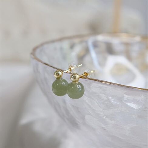 Natural Hetian Jade Earrings for Women, Dainty Gold Bead Green Jade Charm Pendant Jewelry Studs, Handmade Ear Stud Earrings Hoop Earrings for Mom Lover (925 Sterling Silver with Gold Plated) in Saudi Arabia