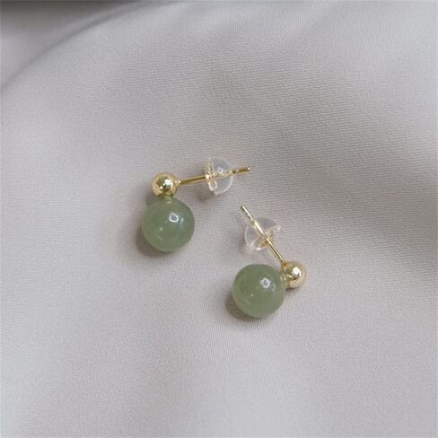 Natural Hetian Jade Earrings for Women, Dainty Gold Bead Green Jade Charm Pendant Jewelry Studs, Handmade Ear Stud Earrings Hoop Earrings for Mom Lover (925 Sterling Silver with Gold Plated) in Saudi Arabia