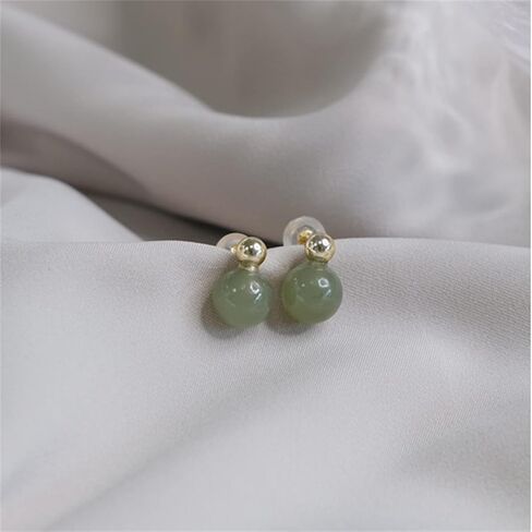 Natural Hetian Jade Earrings for Women, Dainty Gold Bead Green Jade Charm Pendant Jewelry Studs, Handmade Ear Stud Earrings Hoop Earrings for Mom Lover (925 Sterling Silver with Gold Plated) in Saudi Arabia