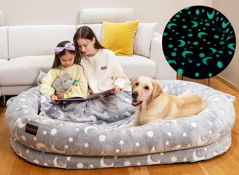 سرير BESTEN يتوهج في الظلام للكلاب البشرية البالغة مع بطانية. وسادة إسفنجية لتقويم العظام بغطاء من الفرو الصناعي قابلة للإزالة (كبيرة، وحيد القرن) in Kuwait