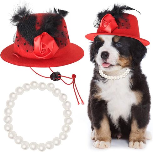 Pet Fascinators Hat Formal Top Hat Costume Set Pet Mesh Feather Fascinator Veil Kentucky Derby Hat with Pet Pearl Collar for Christmas Weeding Photo Props Party (Pink) in Saudi Arabia