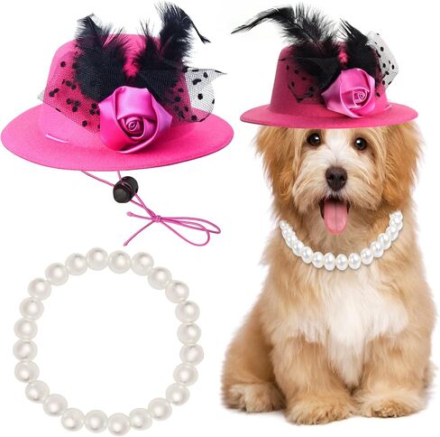 Pet Fascinators Hat Formal Top Hat Costume Set Pet Mesh Feather Fascinator Veil Kentucky Derby Hat with Pet Pearl Collar for Christmas Weeding Photo Props Party (Pink) in Saudi Arabia