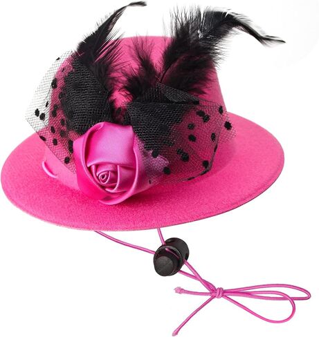 Pet Fascinators Hat Formal Top Hat Costume Set Pet Mesh Feather Fascinator Veil Kentucky Derby Hat with Pet Pearl Collar for Christmas Weeding Photo Props Party (Pink) in Saudi Arabia