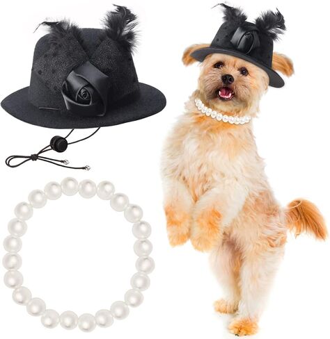 Pet Fascinators Hat Formal Top Hat Costume Set Pet Mesh Feather Fascinator Veil Kentucky Derby Hat with Pet Pearl Collar for Christmas Weeding Photo Props Party (Pink) in Kuwait