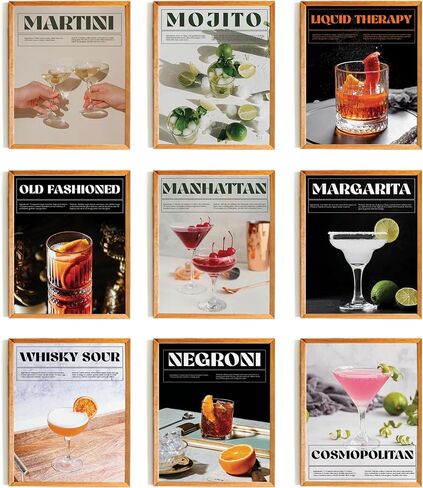 Set 9 Cocktail Poster Bar Wall Art, Bar Cart Decor, Cocktail Prints Bar Poster, Bar Cart Decor And Accessories, Bar Cart Decorations, Bar Cart Accessories, Alcohol Pictures Wall Decor(UNFRAMED) in Saudi Arabia