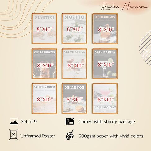 Set 9 Cocktail Poster Bar Wall Art, Bar Cart Decor, Cocktail Prints Bar Poster, Bar Cart Decor And Accessories, Bar Cart Decorations, Bar Cart Accessories, Alcohol Pictures Wall Decor(UNFRAMED) in Saudi Arabia